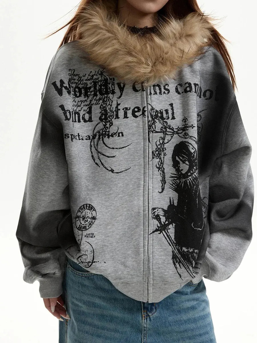 'Notebook' Grunge Fluffy Hood Graphic Pattern Outwear AlielNosirrah