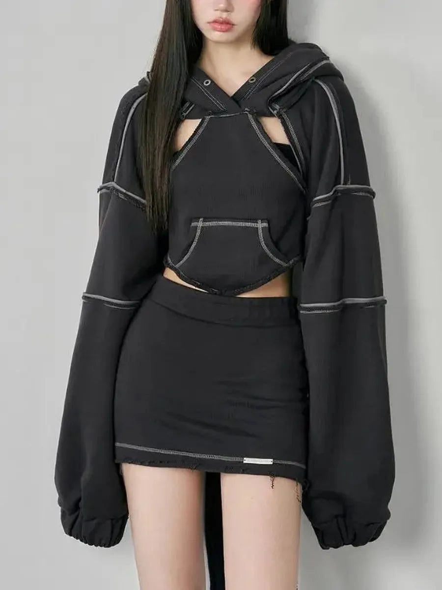 'Raven' Cropped Irregular Cutout Hoodie AlielNosirrah