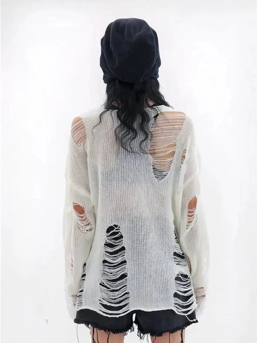 'Snow City' White Wasteland Punk Ripped Oversized Sweater AlielNosirrah