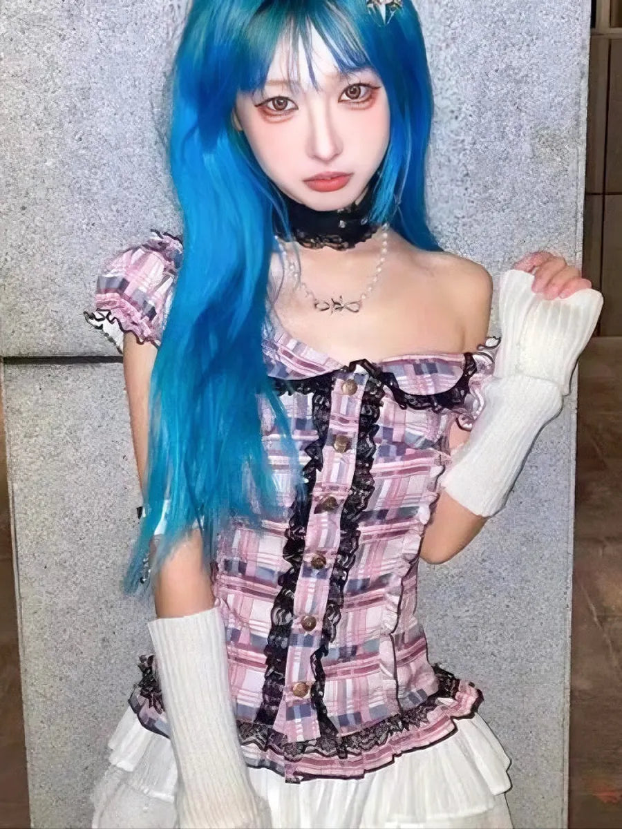 'Iris' Y2k Coquette Lace Pink Checked Shirts AlielNosirrah