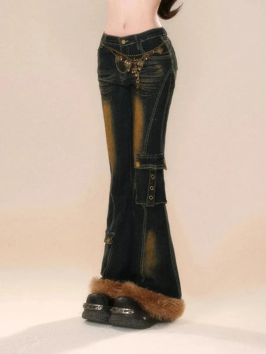 'Teddy' Retro Distressed Fluffy Denim Bell Bottom Pants AlielNosirrah