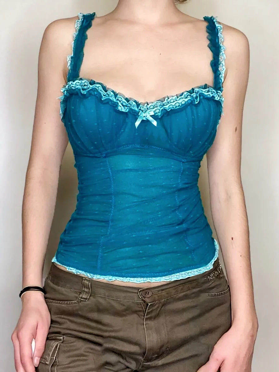 'Jelly Sea' Y2k Summer Beach Blue Ruffle Lace Cami Top AlielNosirrah