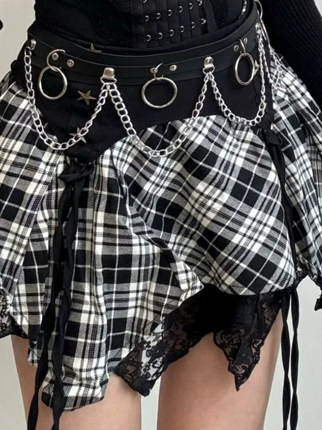 'Shadow Doll' Y2K Lace Cross Corset + Plaid Skirt Set AlielNosirrah