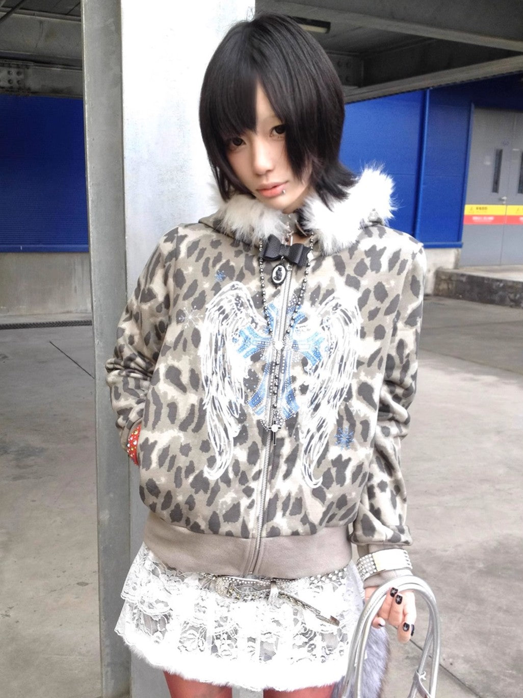 'Snow Angel' Detachable Fur Collar Leopard Print Zip-Up Hoodie (Copy) AlielNosirrah