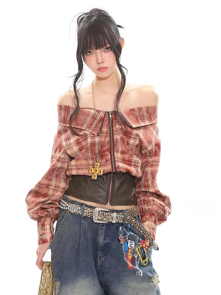 'Ruby Chocolate' Y2k Off-Shoulder Zip Checkerboard Jacket AlielNosirrah