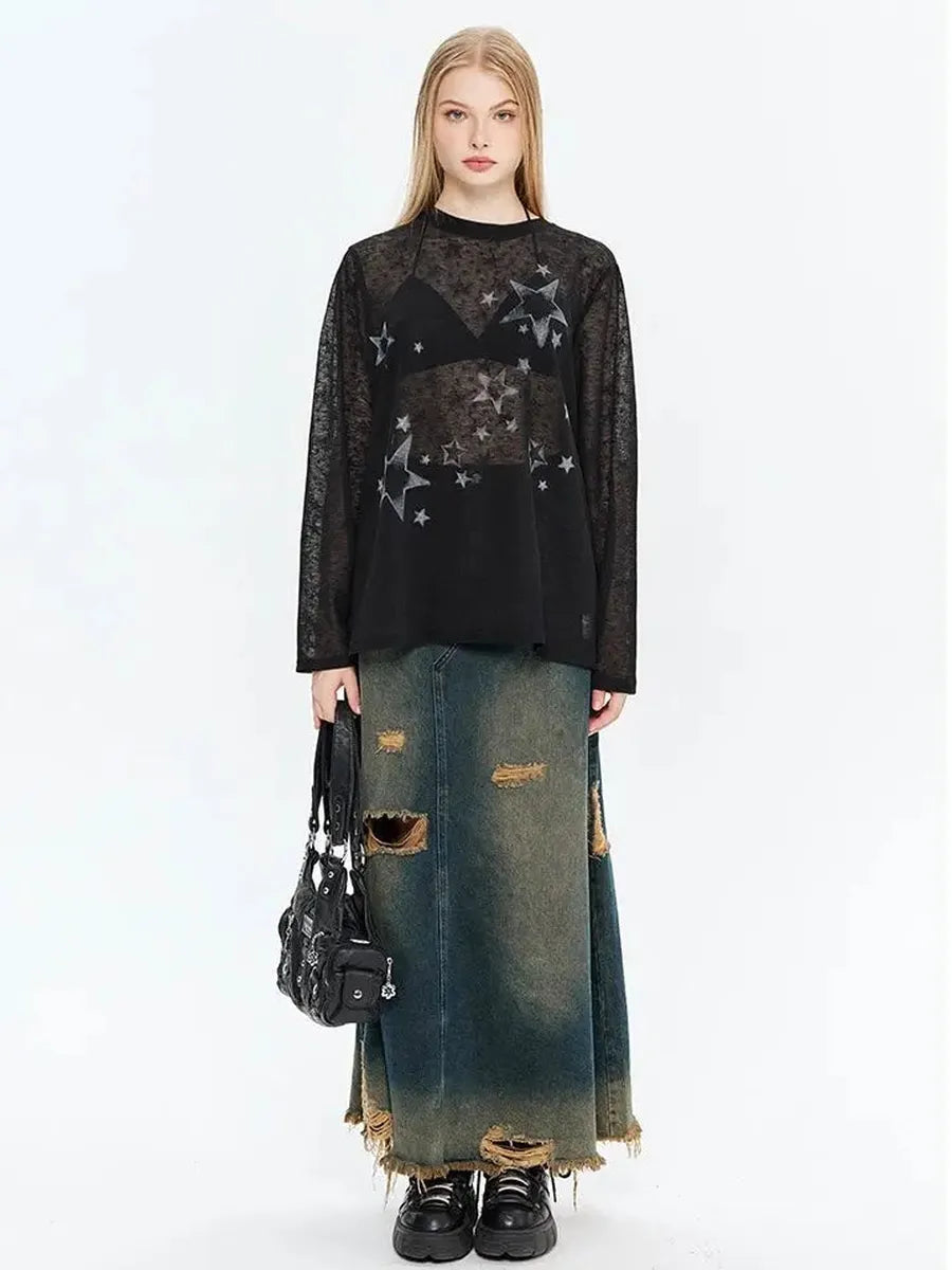 'Hood Star' Y2k Star Print Casual Long Sleeves Shirts AlielNosirrah