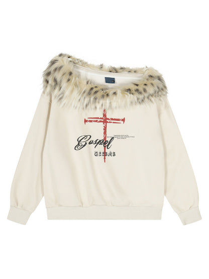 'Frost Kiss' Retro Glam Off-Shoulder Fur Trim Sweatshirt (Copy) AlielNosirrah