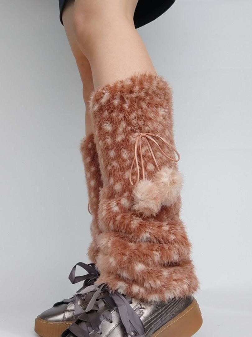 'Deer Pom-Poms' Christmas Fuzzy Faux-Leather Lolita Leg Warmers AlielNosirrah