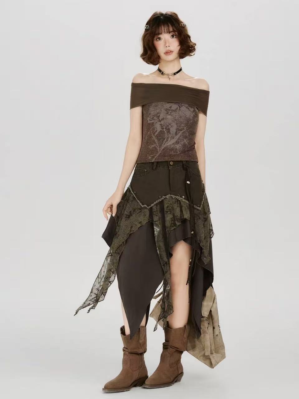 'WasteAsym' Wasteland Style Irregular Denim Midi Skirt