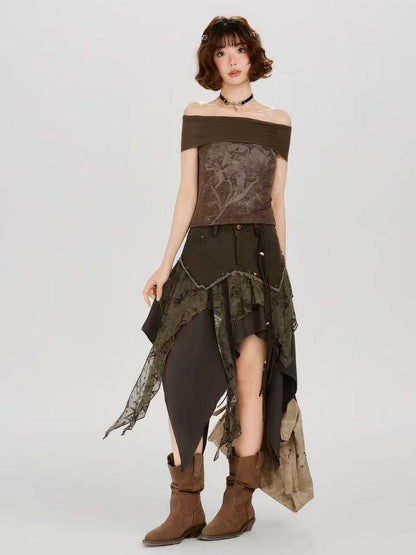 'WasteAsym' Wasteland Style Irregular Denim Midi Skirt