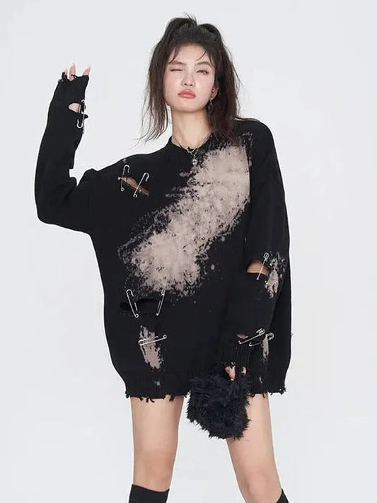 'Smoky Eyes' Splashed Grunge Pins Ripped Sweater AlielNosirrah