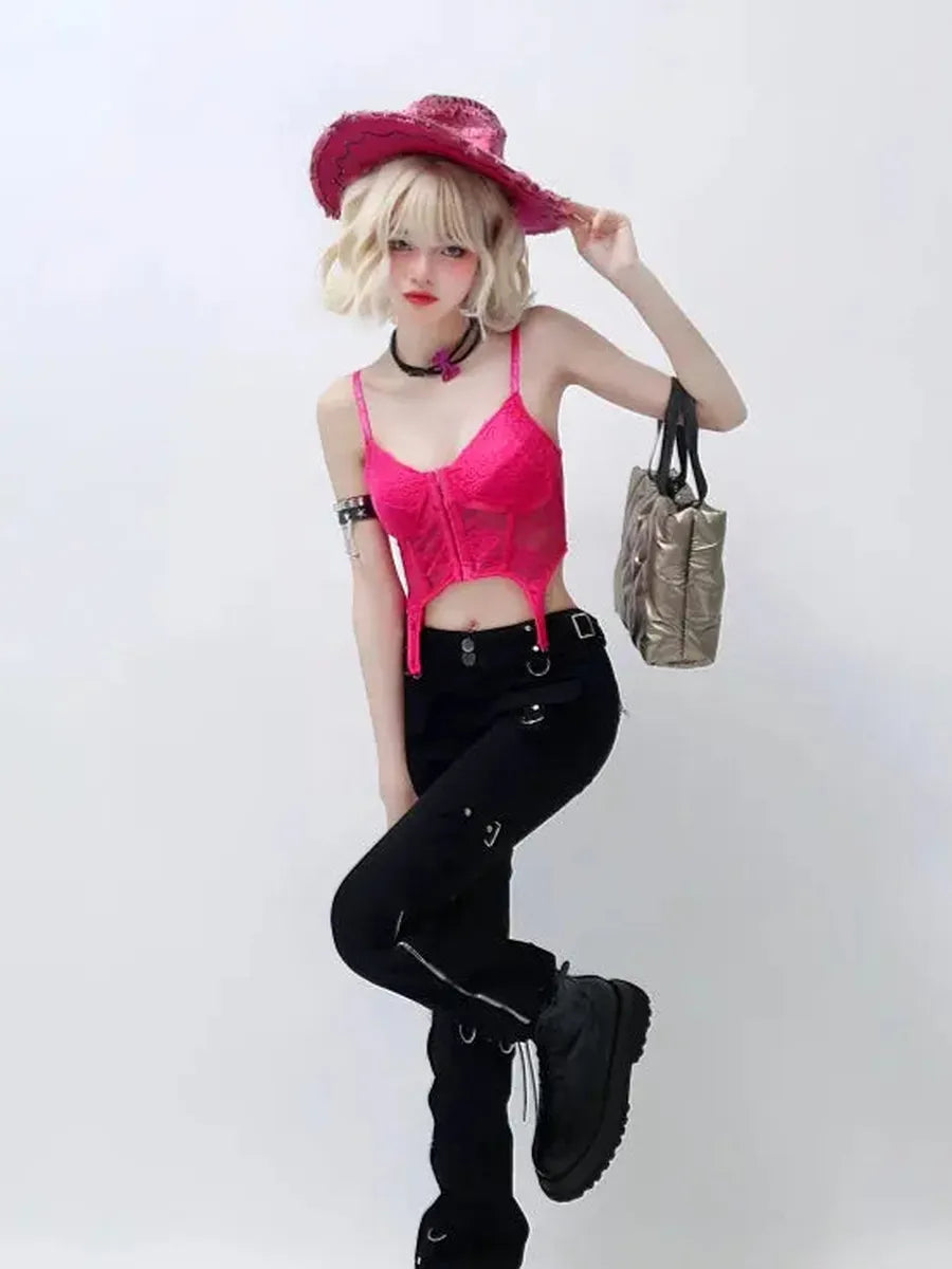 'DragonFruit' Pink Lace Suspender Cami Top AlielNosirrah