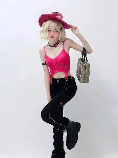 'DragonFruit' Pink Lace Suspender Cami Top AlielNosirrah