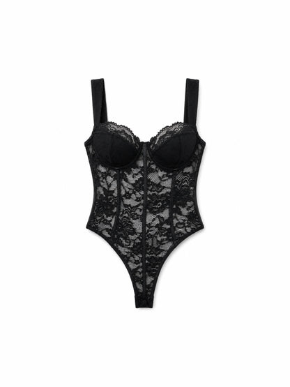 'Lace Dream‘ Goth Black Lace Sheer Bustier Bodysuit Top