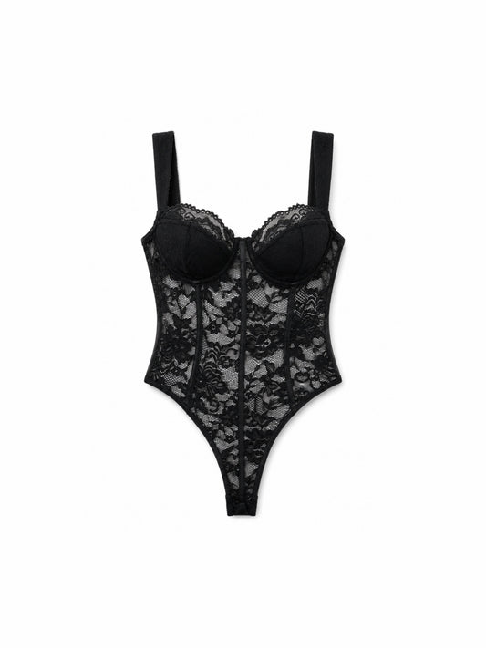 'Lace Dream‘ Goth Black Lace Sheer Bustier Bodysuit Top