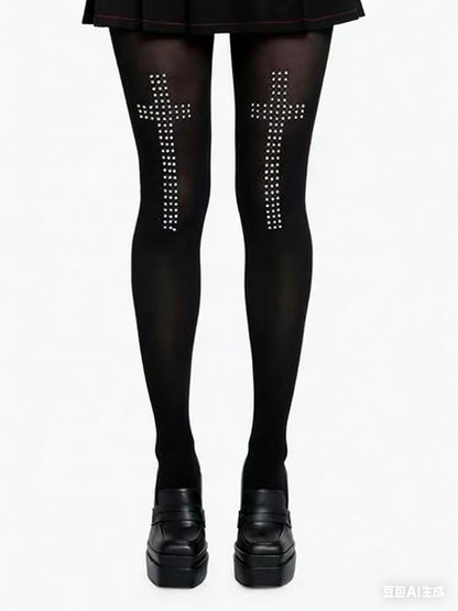 'Riotcross' Dark Punk Cross Studded Rhinestone Tights AlielNosirrah