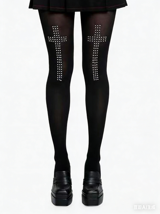 'Riotcross' Dark Punk Cross Studded Rhinestone Tights AlielNosirrah