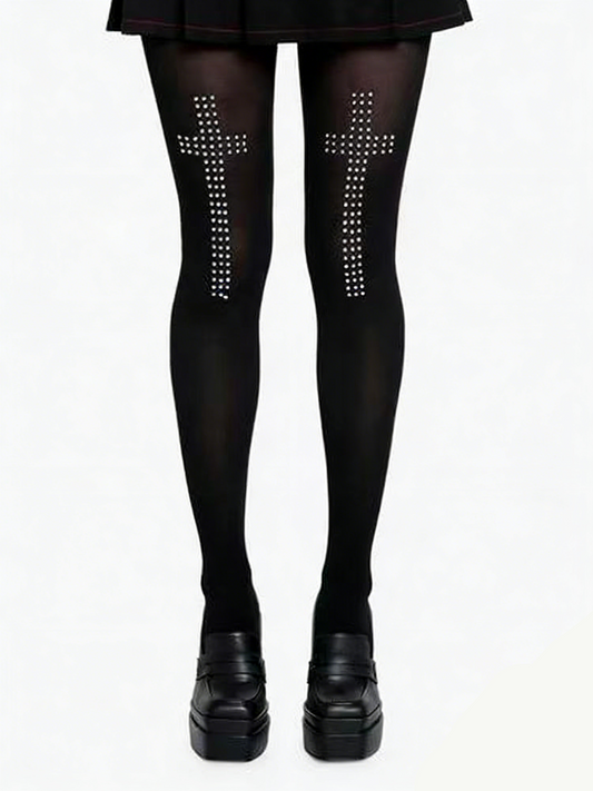 'Riotcross' Dark Punk Cross Studded Rhinestone Tights AlielNosirrah