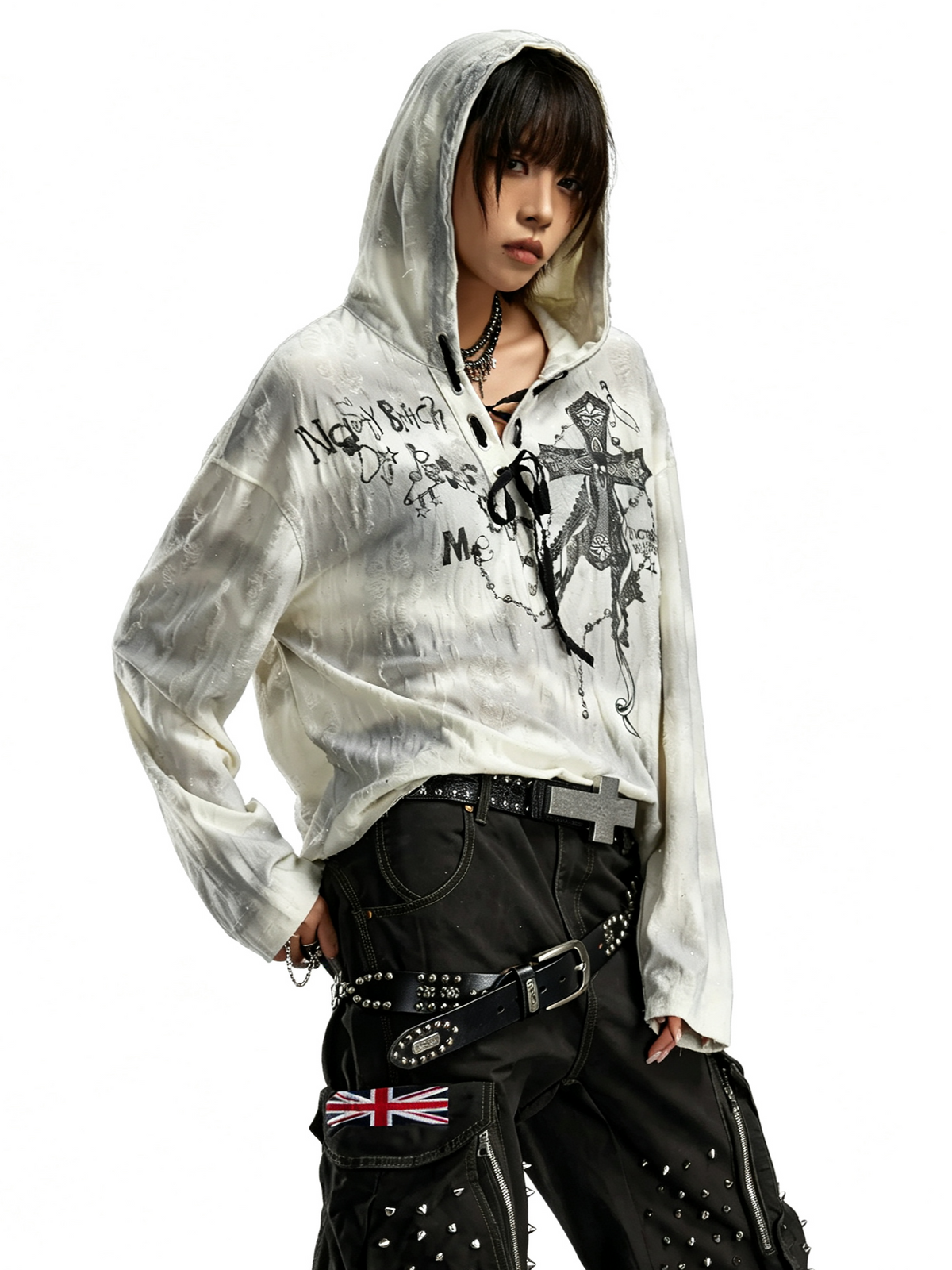 'Sequin Faith' Streetwear Sequin Tie-Dye Cross Print Hoodie