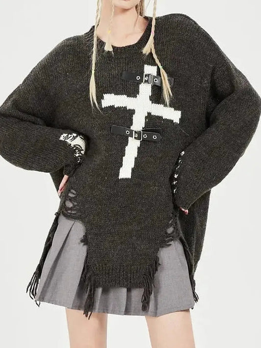 'Promise' Buckle Cross Ripped Sweater AlielNosirrah