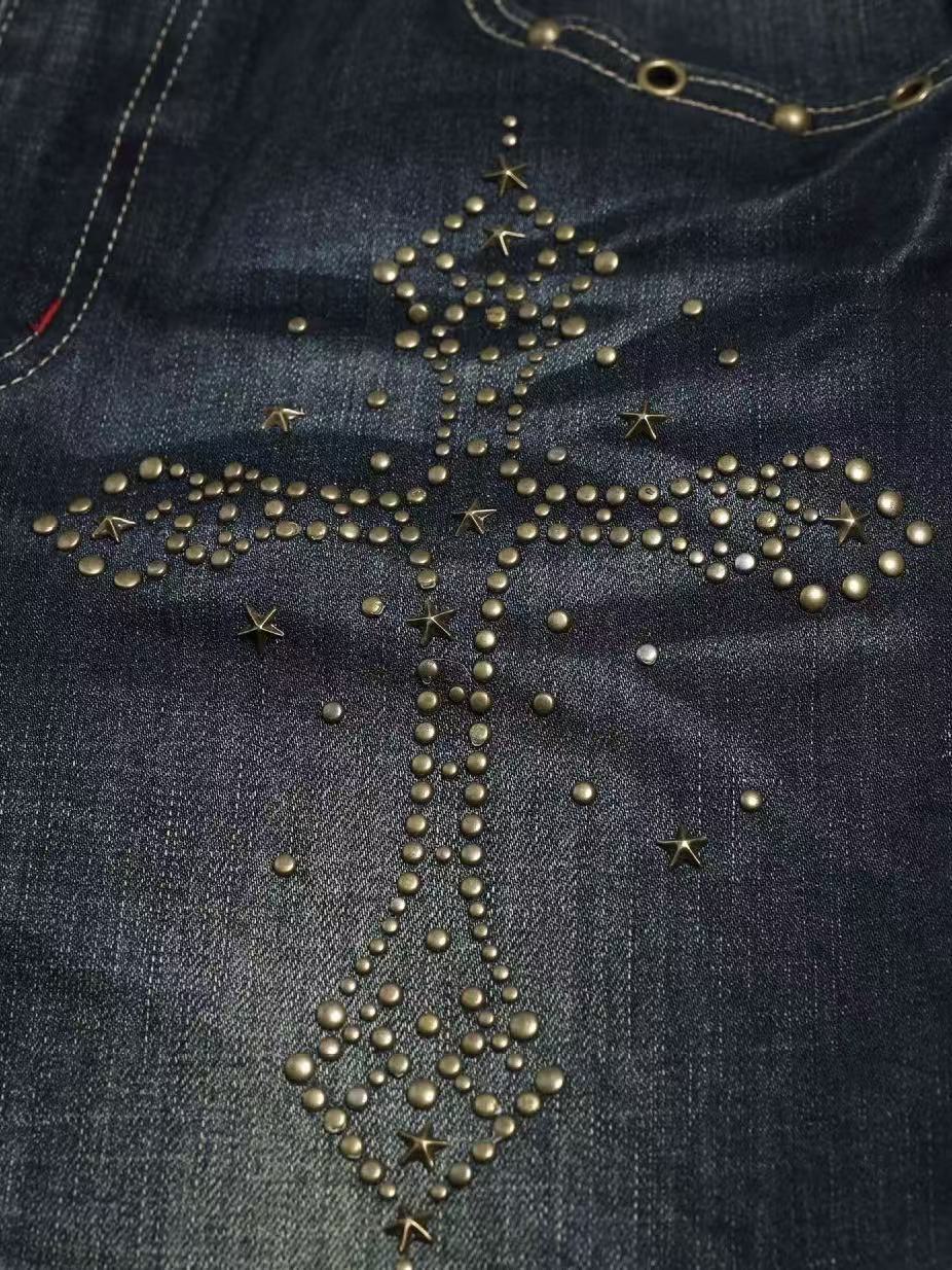 'Old Chapel' Vintage Washed Distressed Cross Rhinestone Flared Jeans AlielNosirrah