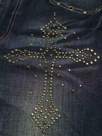 'Old Chapel' Vintage Washed Distressed Cross Rhinestone Flared Jeans AlielNosirrah