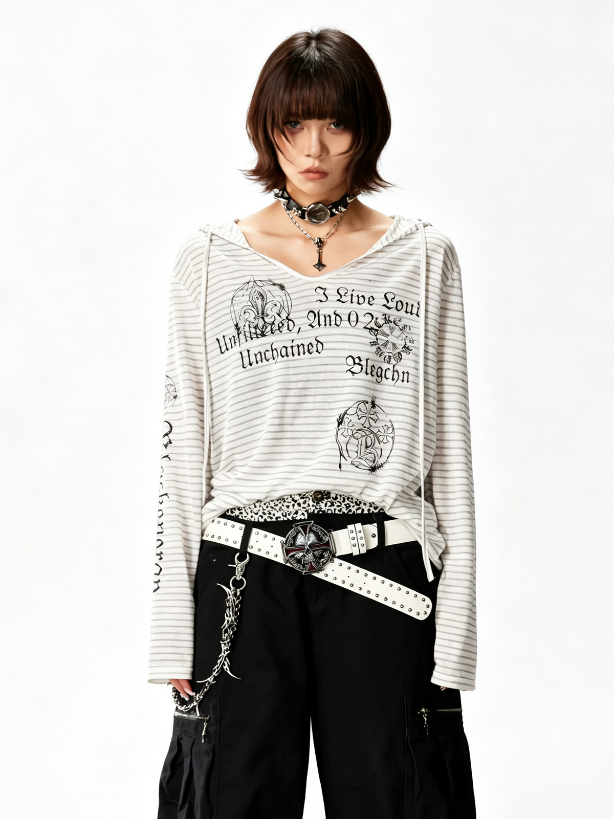 'Old Striped' Y2K Striped Print Slim Fit Hooded Long Sleeve T-Shirt