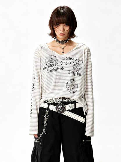 'Old Striped' Y2K Striped Print Slim Fit Hooded Long Sleeve T-Shirt