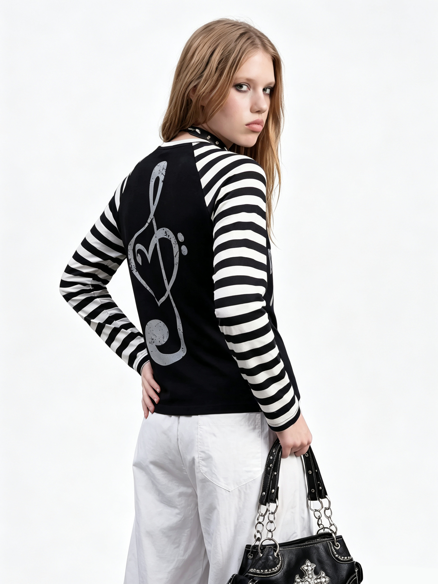 'NoteSurge' Music Note Print Striped Raglan Long Sleeve Top