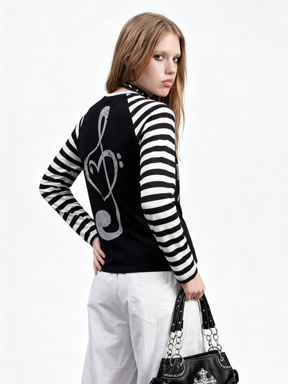 'NoteSurge' Music Note Print Striped Raglan Long Sleeve Top