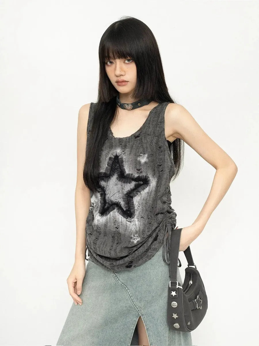 'Star Ash' Unisex Grunge Drawstring Ripped Gray Tank Top AlielNosirrah