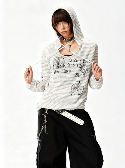 'Old Striped' Y2K Striped Print Slim Fit Hooded Long Sleeve T-Shirt