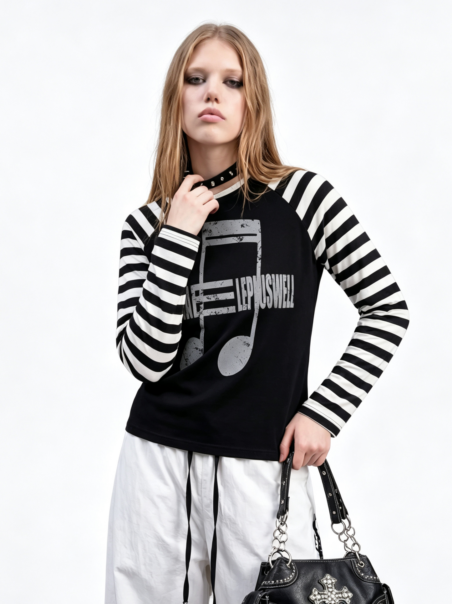 'NoteSurge' Music Note Print Striped Raglan Long Sleeve Top