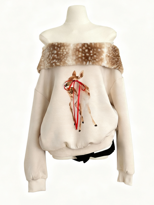 'Fawn Dreams' Cozy Deer Off-shoulder Removable Fluffy Collar Hoodie AlielNosirrah