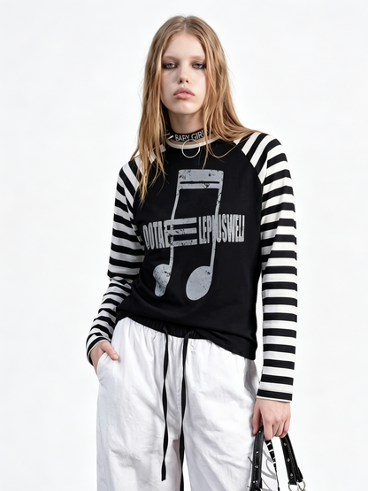 'NoteSurge' Music Note Print Striped Raglan Long Sleeve Top