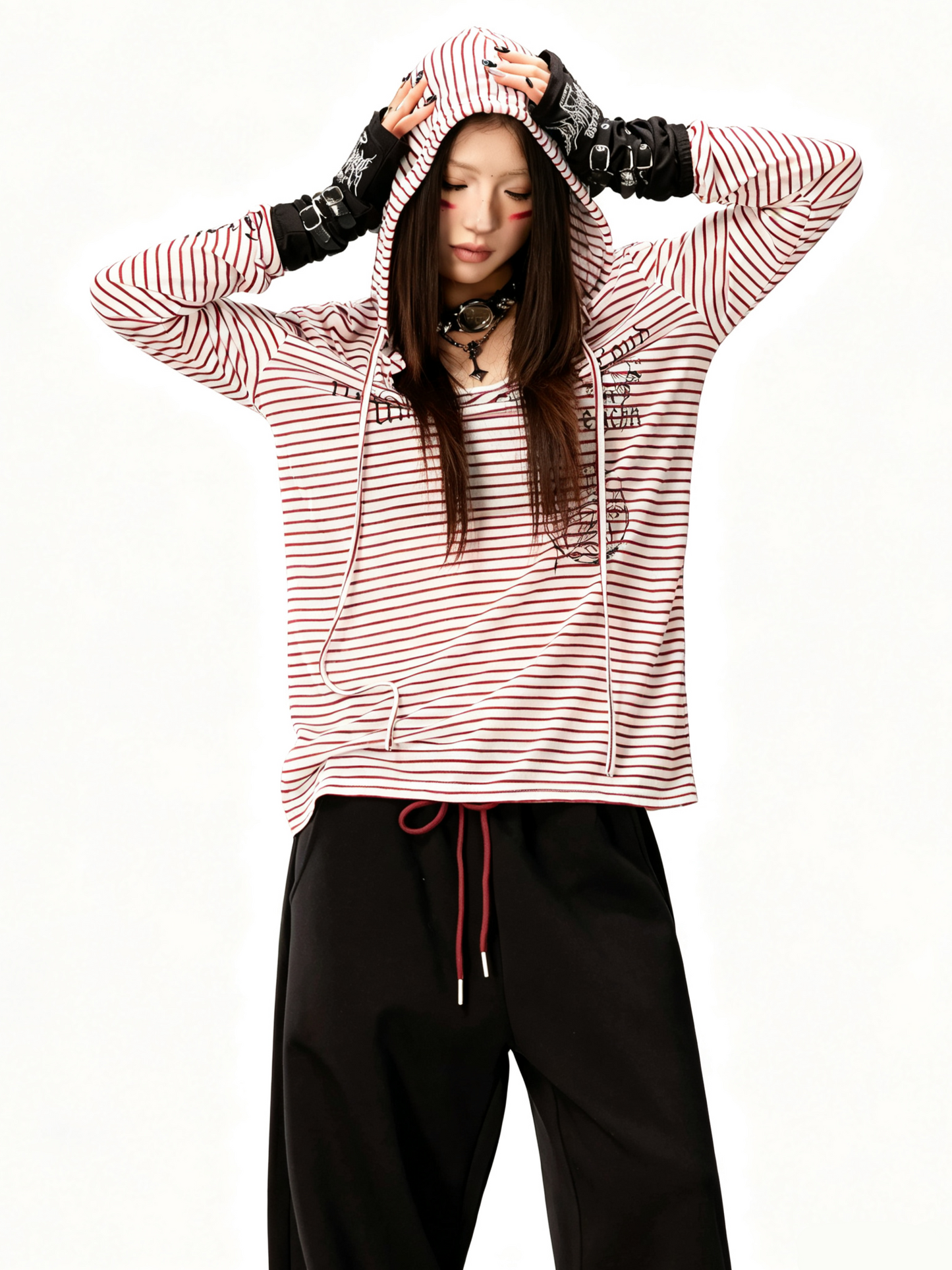 'Old Striped' Y2K Striped Print Slim Fit Hooded Long Sleeve T-Shirt