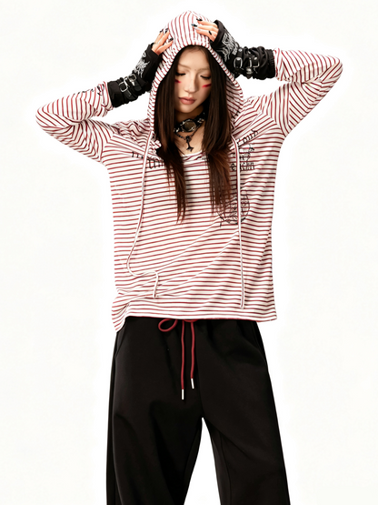 'Old Striped' Y2K Striped Print Slim Fit Hooded Long Sleeve T-Shirt