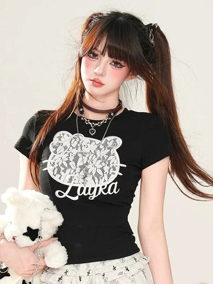'Layka' Streetstyle Kitty Face Lace Pattern Shirts AlielNosirrah