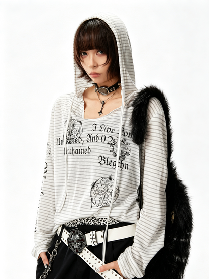'Old Striped' Y2K Striped Print Slim Fit Hooded Long Sleeve T-Shirt