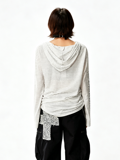 'Old Striped' Y2K Striped Print Slim Fit Hooded Long Sleeve T-Shirt