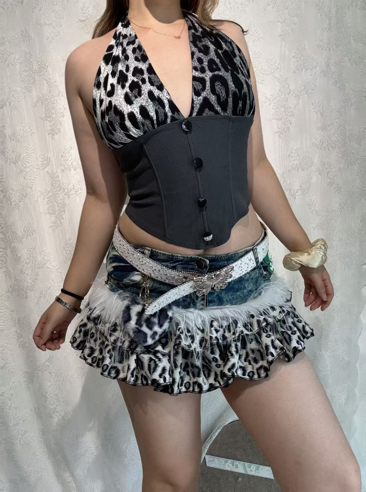 'Leopard Bite' Patchwork Denim Mini Skirt AlielNosirrah