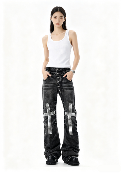 'CrossDazzle' Vintage Cross Rhinestone Long Jeans