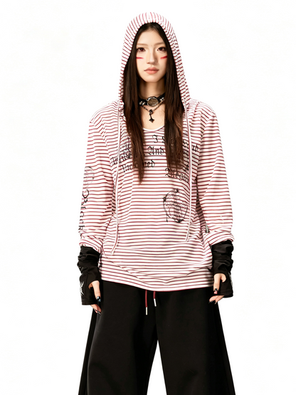 'Old Striped' Y2K Striped Print Slim Fit Hooded Long Sleeve T-Shirt