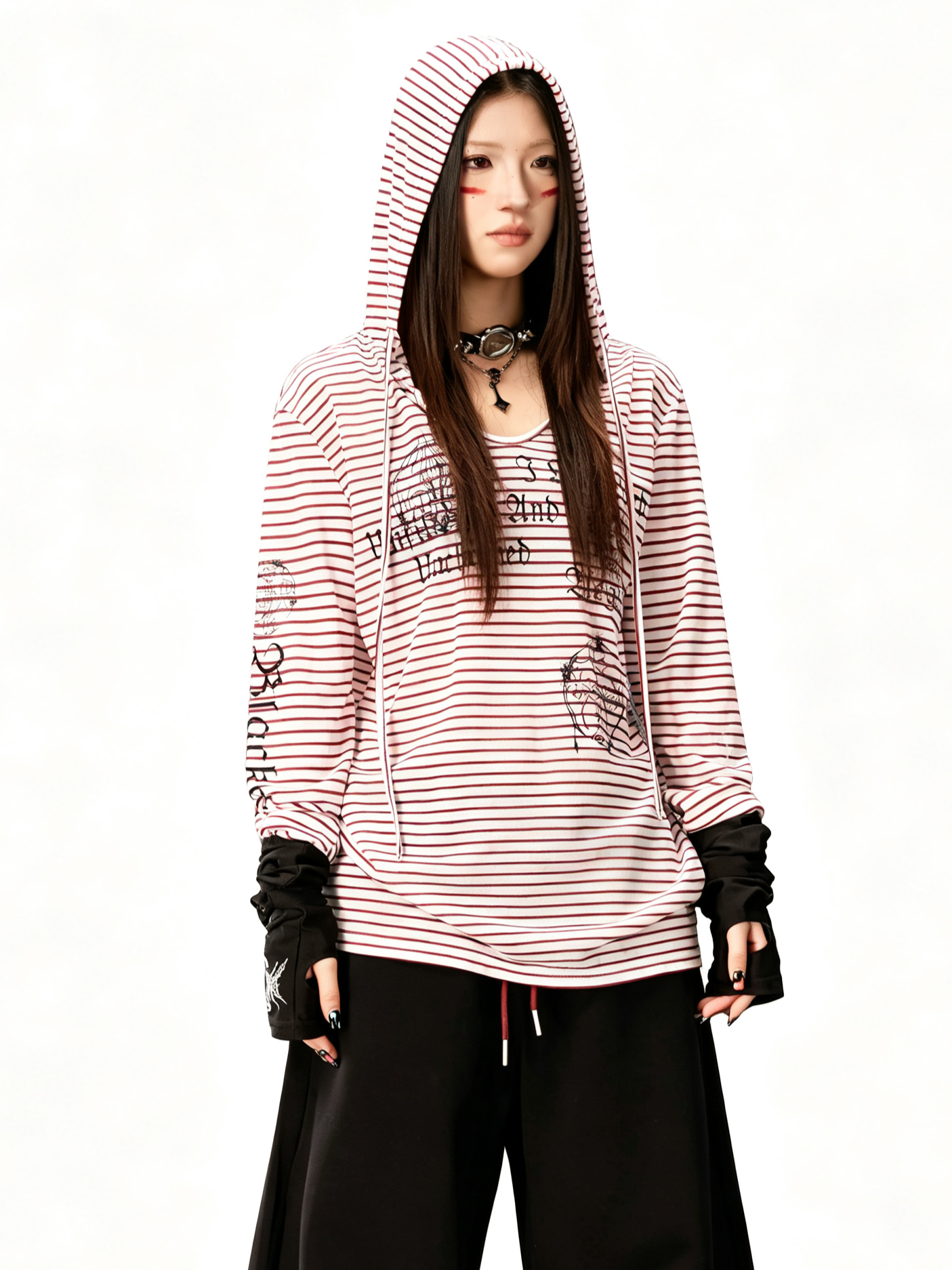 'Old Striped' Y2K Striped Print Slim Fit Hooded Long Sleeve T-Shirt