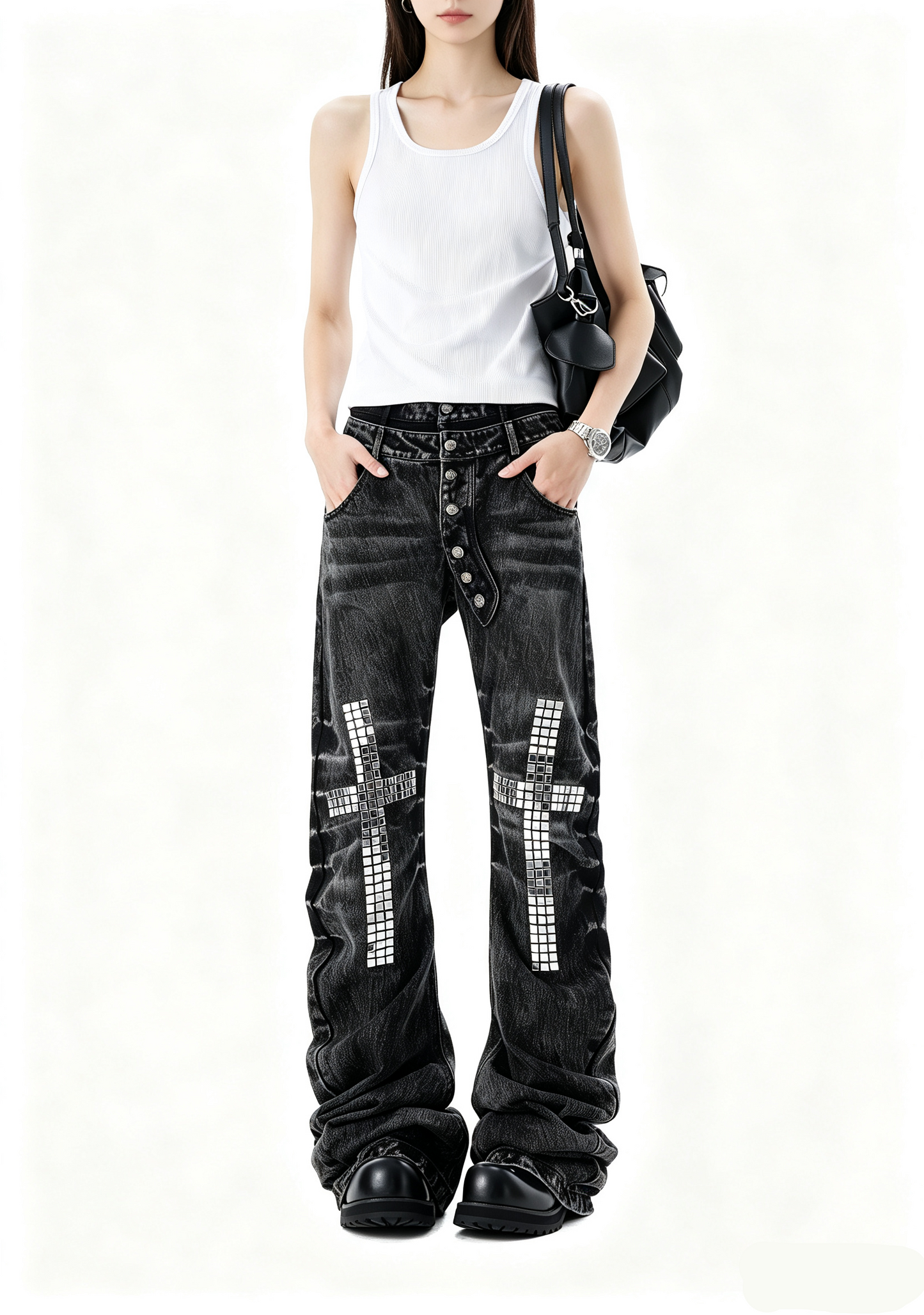 'CrossDazzle' Vintage Cross Rhinestone Long Jeans