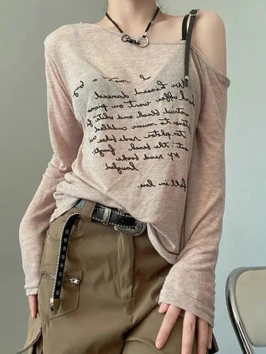 'Old Letter' Grunge Faded Prints Buckle Strap Top AlielNosirrah