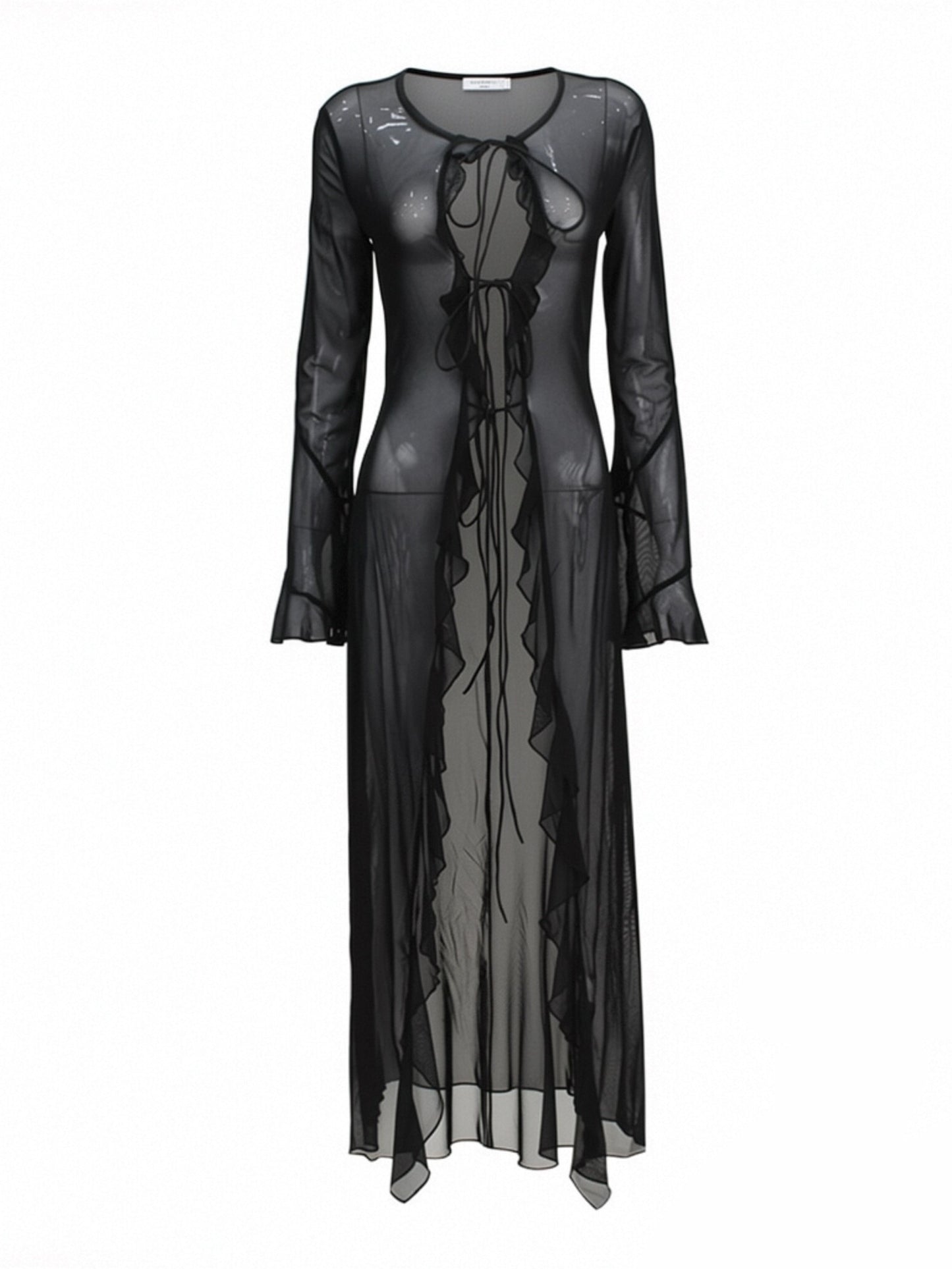 'Mistline' Tie-Up Sheer Mesh Longline Cardigan AlielNosirrah