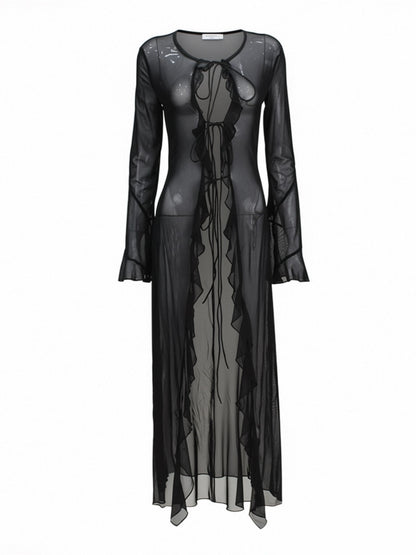 'Mistline' Tie-Up Sheer Mesh Longline Cardigan AlielNosirrah