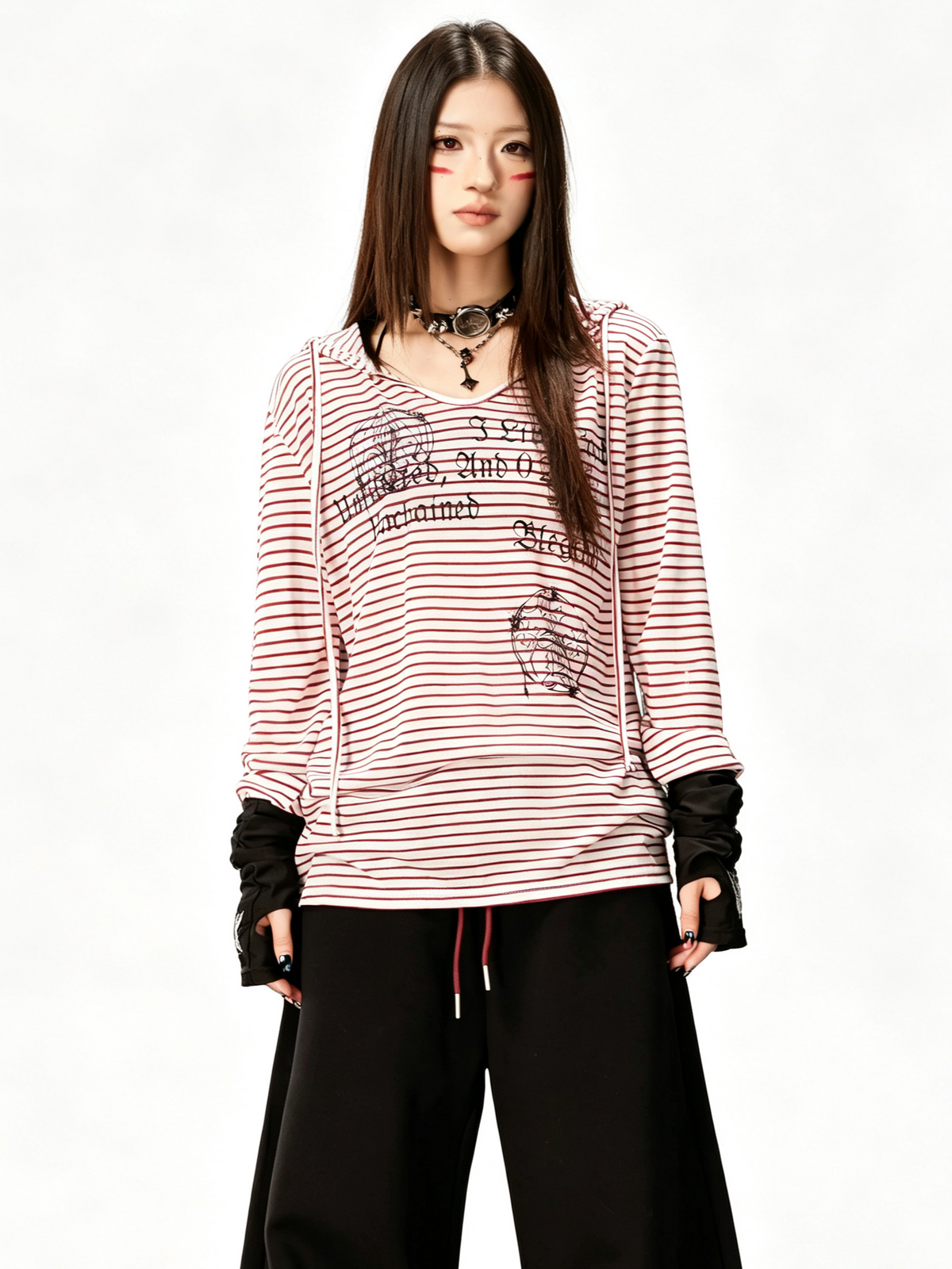 'Old Striped' Y2K Striped Print Slim Fit Hooded Long Sleeve T-Shirt