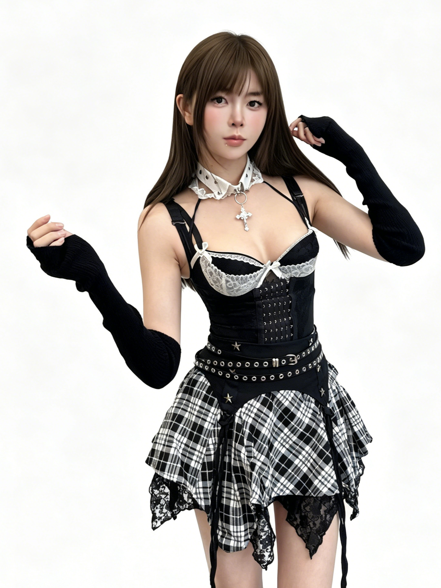 'Shadow Doll' Y2K Lace Cross Corset + Plaid Skirt Set AlielNosirrah